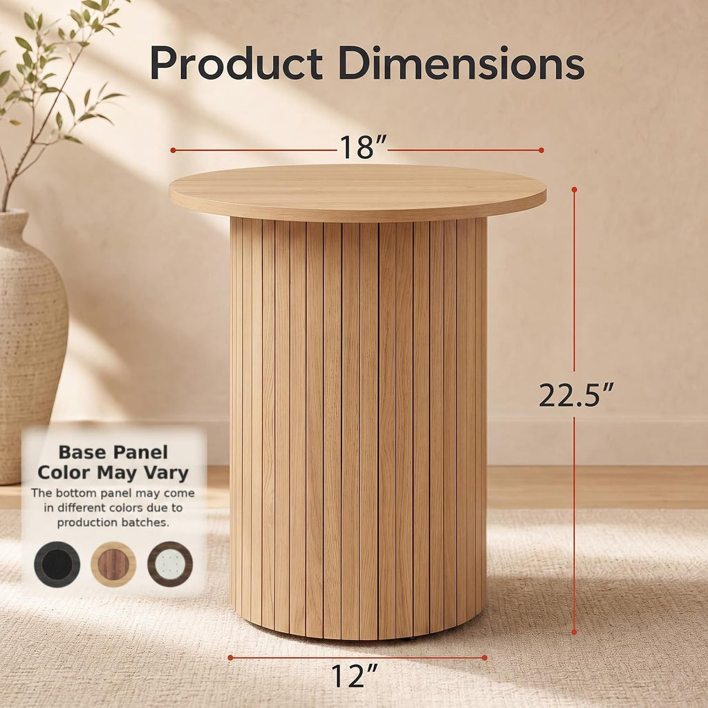 Round Side Table, Fluted Mid Century Modern Drum End Table, Natural