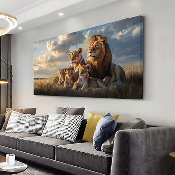 Blue Lion Family Wall Art Modern Canvas Painting Wildlife Landscape Animal Prints Artwork Office Hallway Bedroom