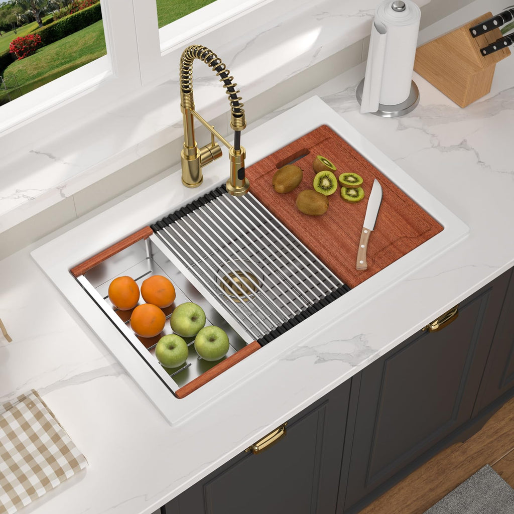 33 White Kitchen Sink Workstation Drop In Ceramic Single Bowl Sink