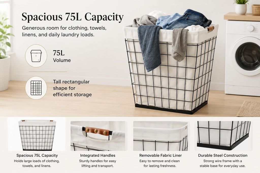 Steel Wire Laundry Hamper with Removable Cotton Blend Liner, 75L Rectangular Laundry Basket Ideal for Laundry