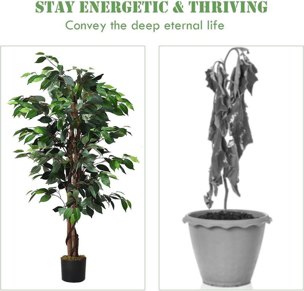 4FT Artificial Ficus Silk Tree, Potted Fake Tree w/Green Leaves and Natural Trunk, Maintenance Free, Tall Faux Plant