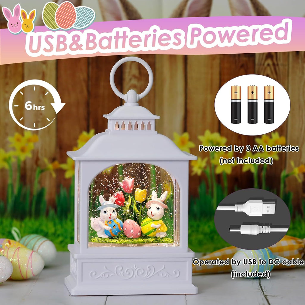 Easter Bunny Snow Globe, Easter Eggs Spring Snow Globe 6H Timer Glitter Lantern Easter Decorations (Bunny Eggs)