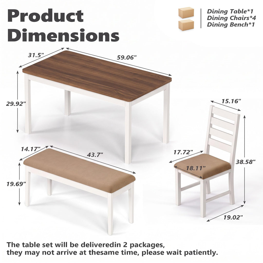 6-Piece Dining Table and Chair Set with 4 Chairs & 1 Bench, Brown