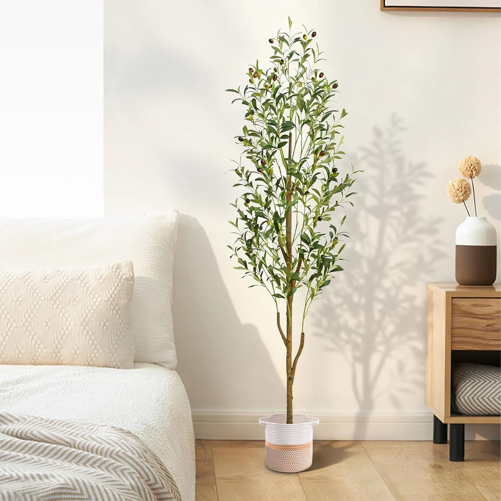 6FT Artificial Olive Tree Indoor Tall Faux with Planter & Basket