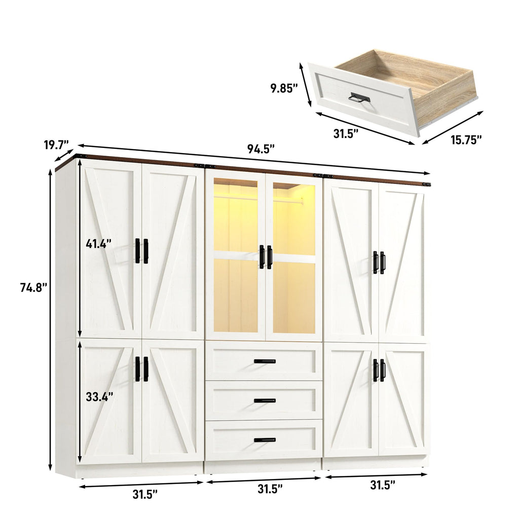 75" Tall Farmhouse 6 Doors Armoire Wardrobe Closet with 3 Drawers and LED, Freestanding Closet Wardrobe Cabinet with