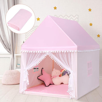 Kids Play Tent, Large Playhouse w/Washable Mat, Windows, Solid Wood Frame, Indoor Outdoor Princess Tent for Children