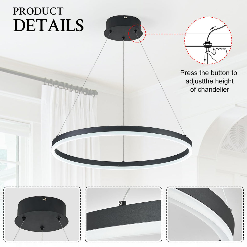 Modern LED Pendant Lighting Ring Chandelier Black Dimmable LED Chandelier 36W Adjustable Pendant Light Fixture