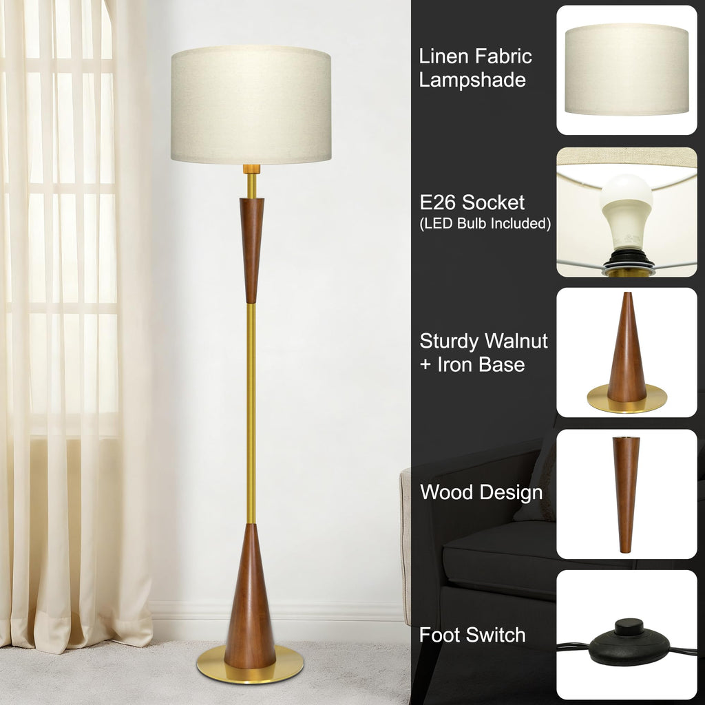 Floor Lamps, 61.5" Wood Floor Lamp, Retro Farmhouse Standing Lamp Includes 9W Bulb with 3-Color Temperature, Tall Lamp