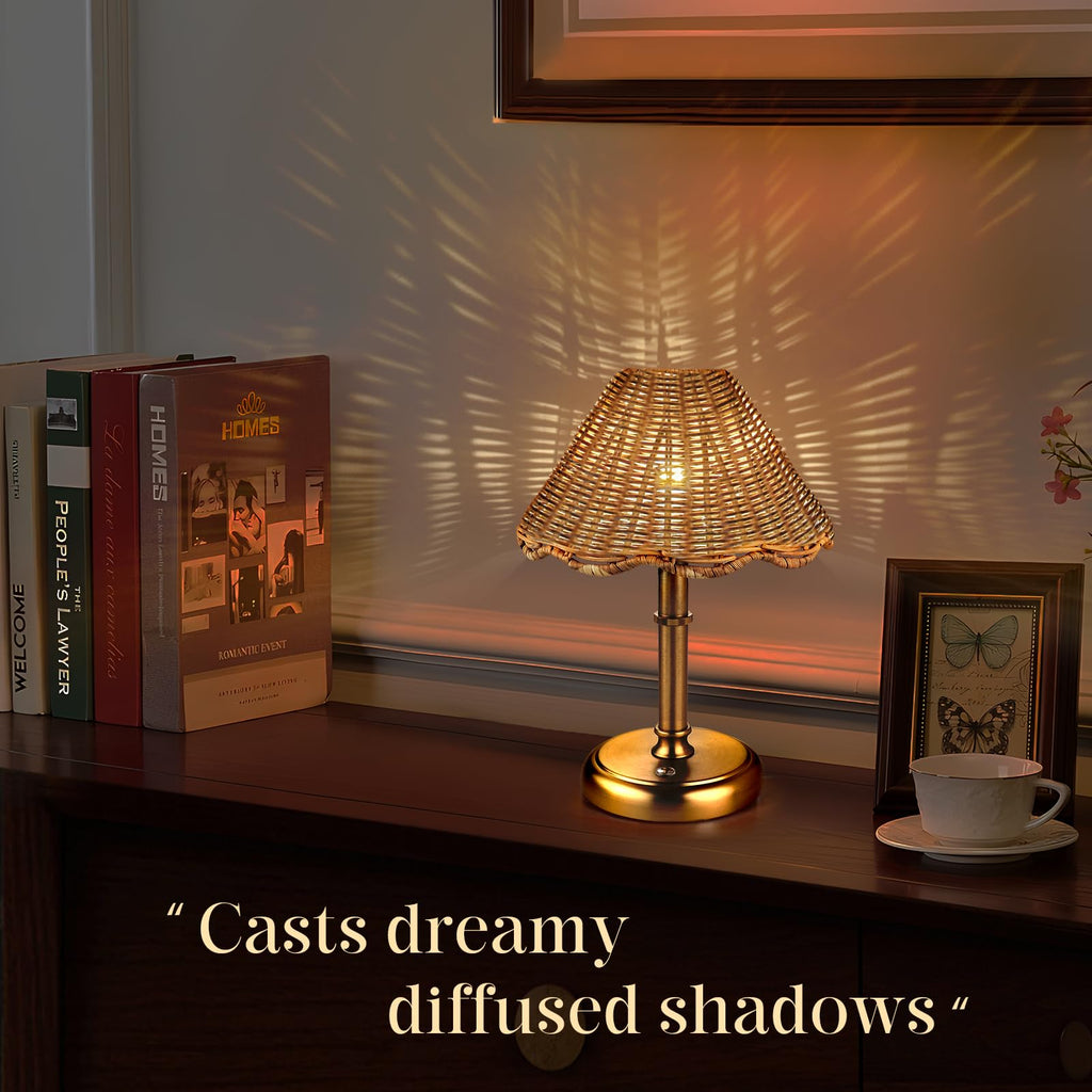 Mini Cordless Boho Rattan Table lamp, 5200-mAh Rechargeable Battery, 3-Level Brightness Dimmable, Build-in Integrated