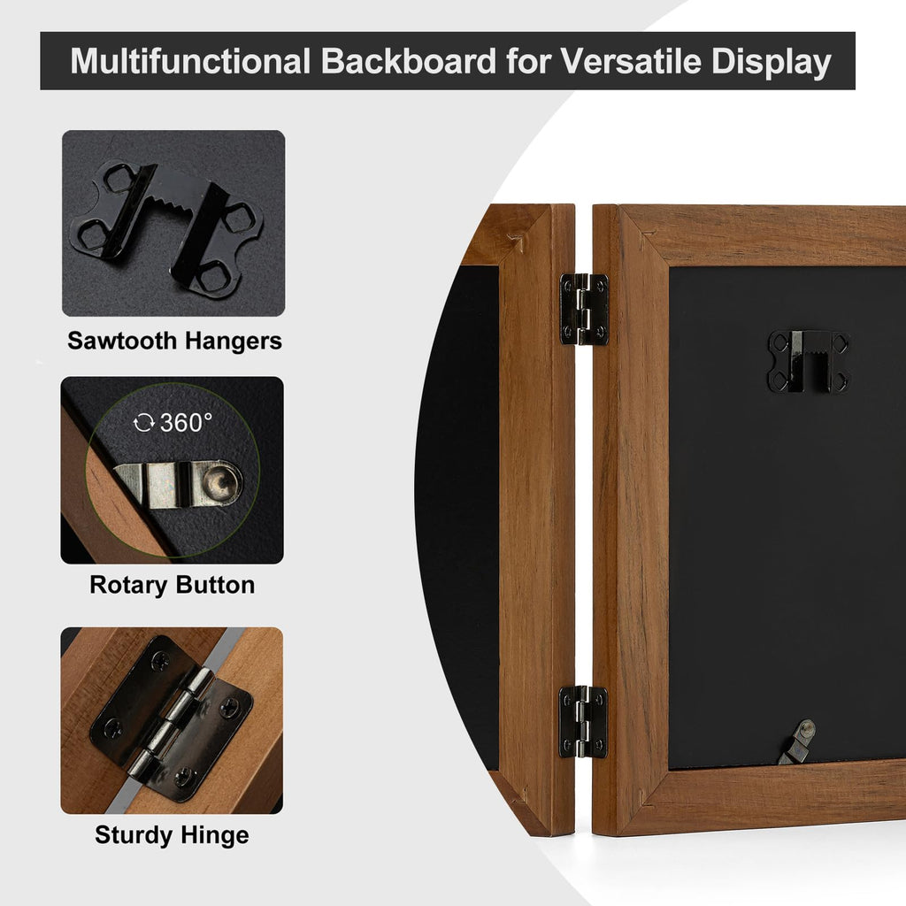 5x7 Double Hinged Picture Frame, 2 Folding Photo Frame, Walnut-colored Pine Wood with Real Glass, Display Pictures