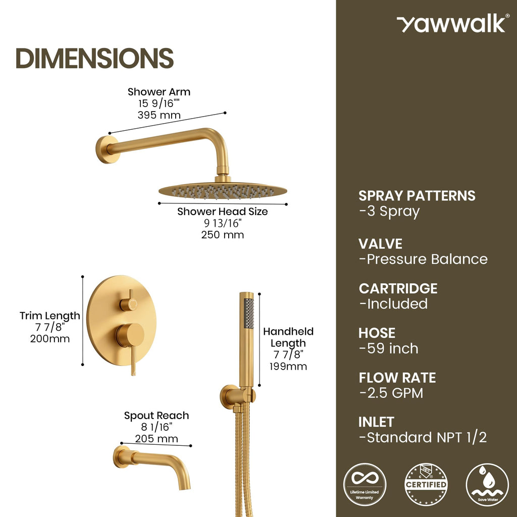 Bathtub Faucet Set, Shower System with Tub Spout, Valve, Brushed Gold