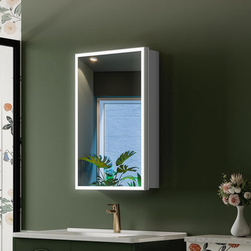 16"x26" LED Medicine Cabinet with Mirror, Recessed or Surface | Silver aluminum lighted mirror cabinet with shaver
