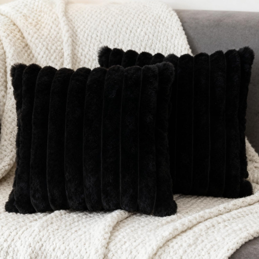 2 Pack 16x16 Double-Sided Faux Fur Pillow Covers, Plush Throw Pillow Covers, Throw Pillow Cover Cushion Cover, Black