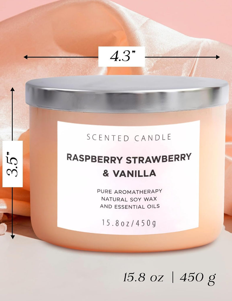 Raspberry Strawberry Vanilla Candle, 3-Wick Scented Soy Candle, 15.8 oz - Set of 158