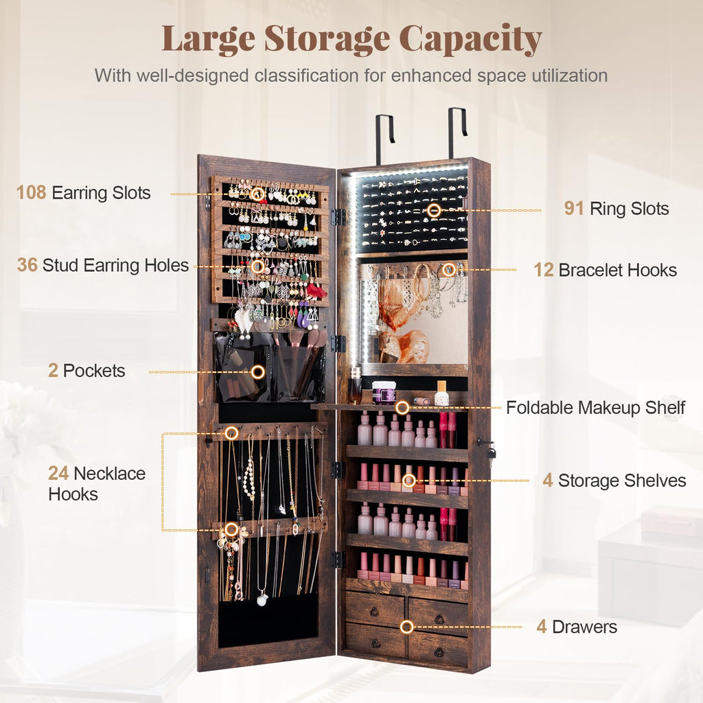 LED Mirror Jewelry Cabinet, Full Length Mirror with Jewelry Storage, Lockable Hanging Jewelry Holder Organizer with
