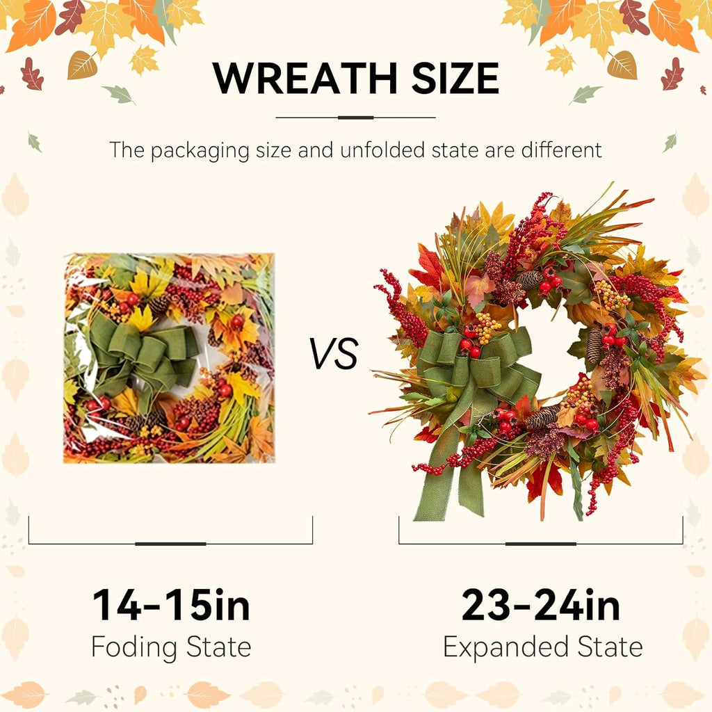 24 Inch Artificial Silk Harvest Fall Wreaths for Front Door with Green Bow