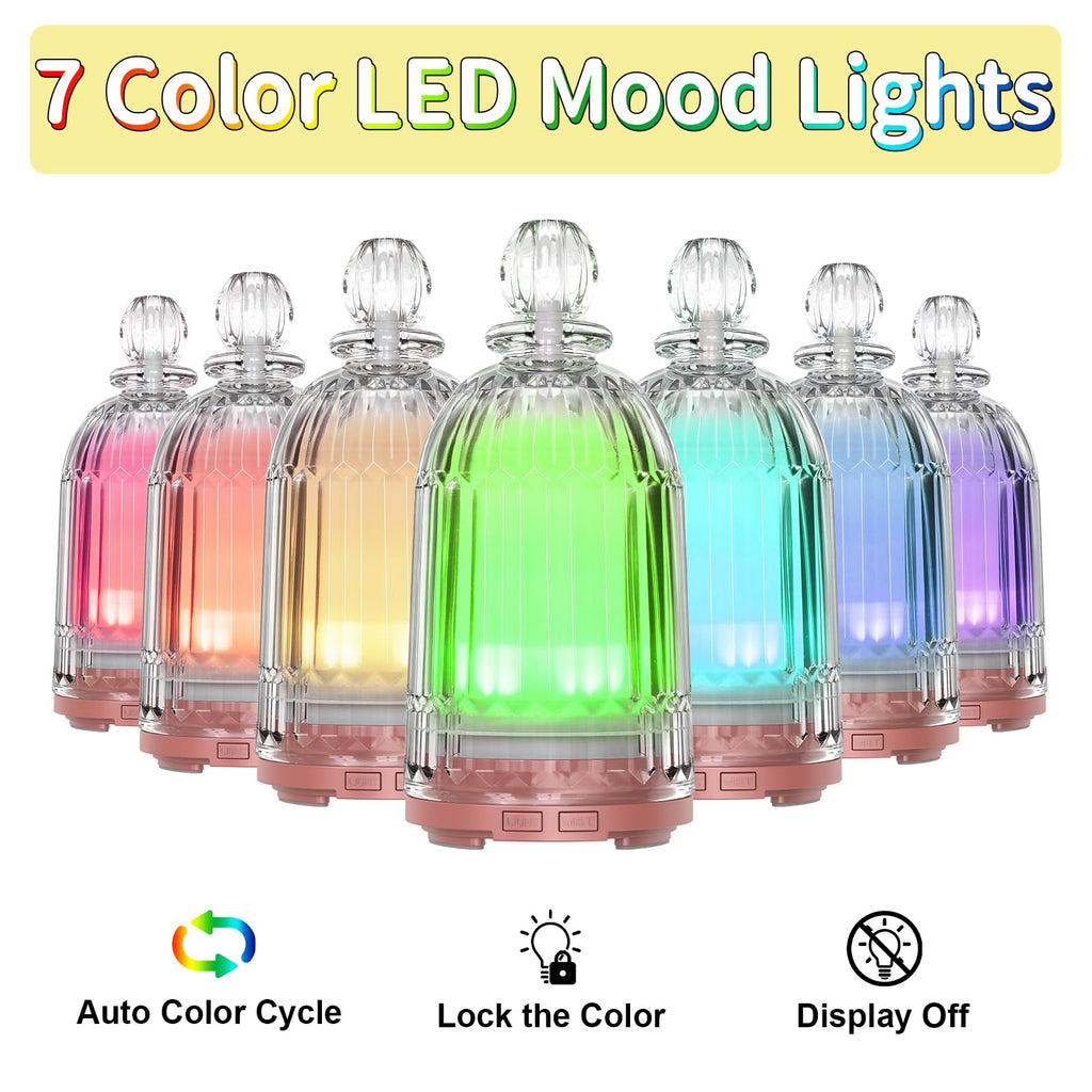 Glass Essential Oil Diffuser, Small Cool Mist Humidifier Glass Cover & Plastic Reservoir with 7 Color LED Lights