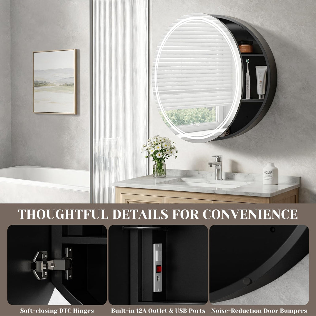 30 Inch Round Lighted Medicine Cabinet with Mirror, Black LED Medicine Cabinet with 3-Color Lights