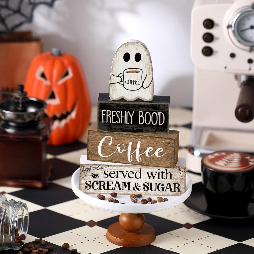 Halloween Coffee Table Decor Wooden Ghost Coffee Bar Sign - Set of 4
