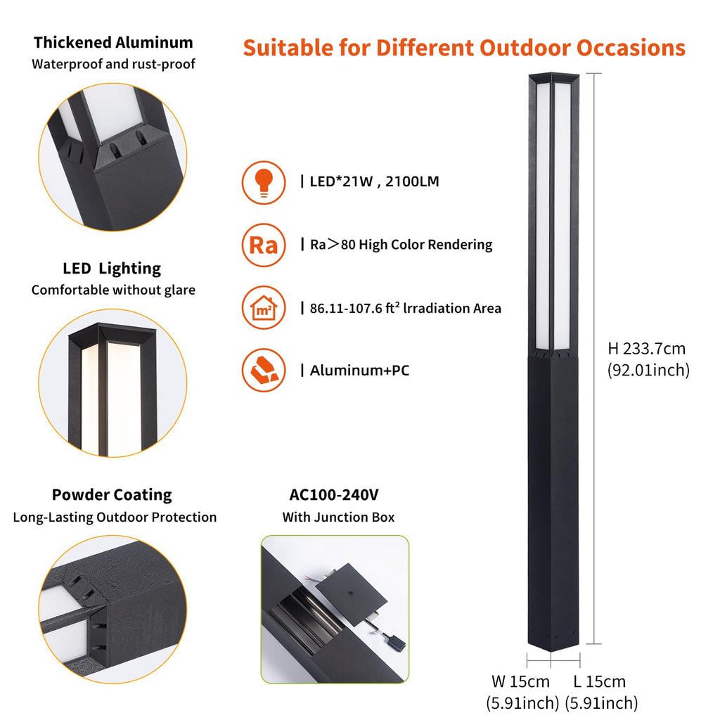 92" Tall Landscape Path Lights, AC 100-240V Bollard Lights, Pole Light