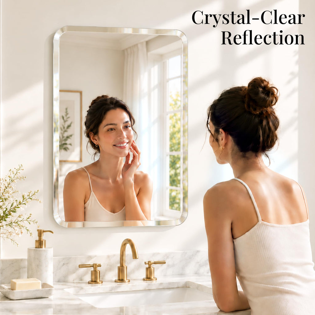 22x30 Inch Rounded Rectangle Bathroom Mirror, Frameless Beveled
