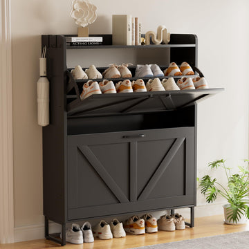 Shoe Cabinet with 2 Flip Drawers, Narrow Wooden Shoe Storage Cabinet with Metal Legs, Hold 24 Pairs, 4-Tier Adjustable