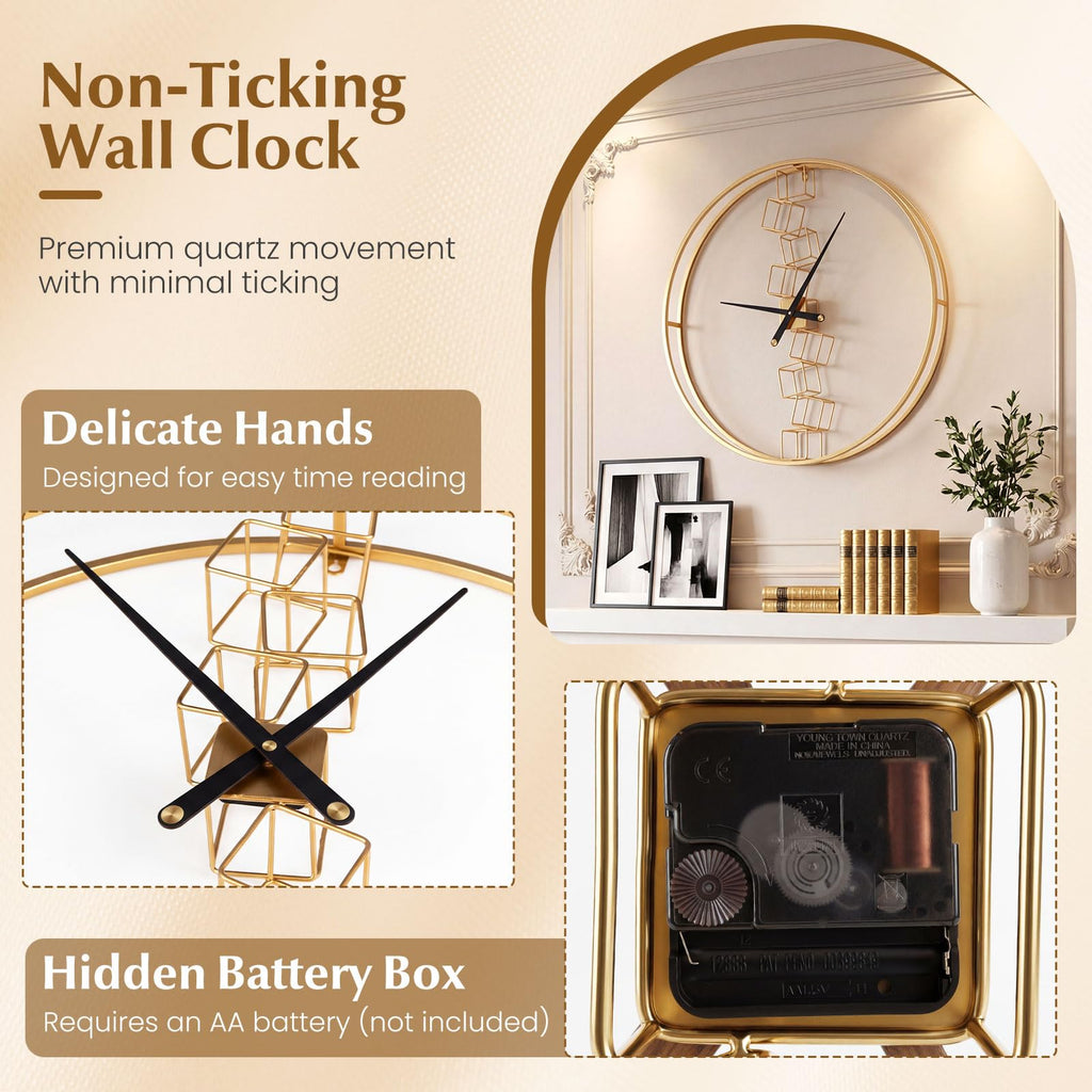 Large Wall Clock, 27" Nordic Style Big Metal Wall Clock, Non-Ticking Decorative Clock, Battery-Operated Wall