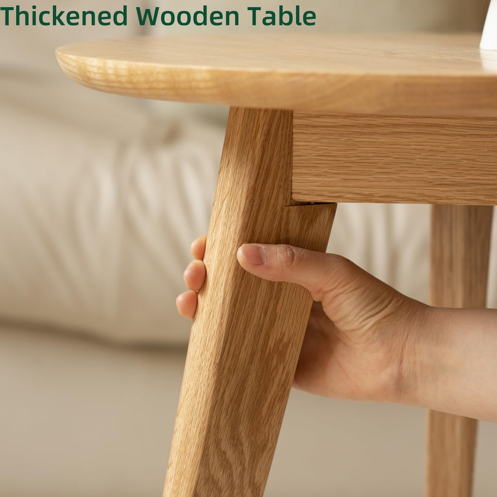 100% Solid Oak Wood Mini Coffee Table, Round Living Room Table Side Table w/Solid Wood Legs, Natural Minimalist