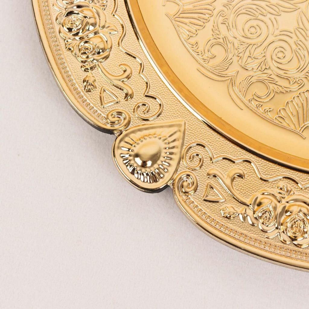 13" Gold Floral Embossed Charger Plates, Round Scalloped Rim Underplates for Spring Weddings and Garden Parties