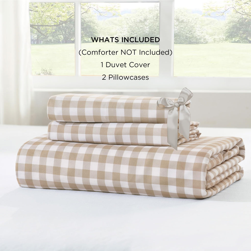 Tan Gingham Duvet Cover, Ruffle Shabby Chic Bedding Set 3 Pcs