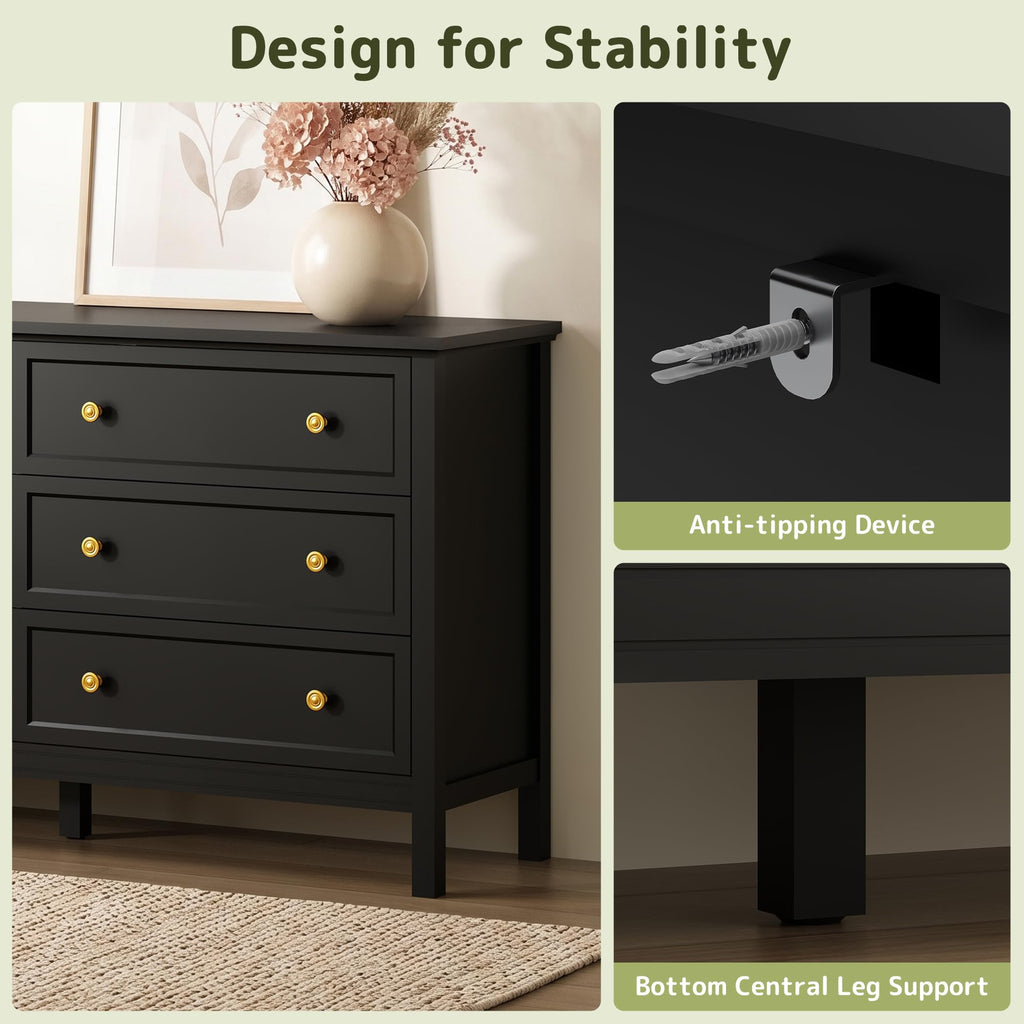 6 Drawer Black Dresser with Gold Handles, 55" Modern Dressers