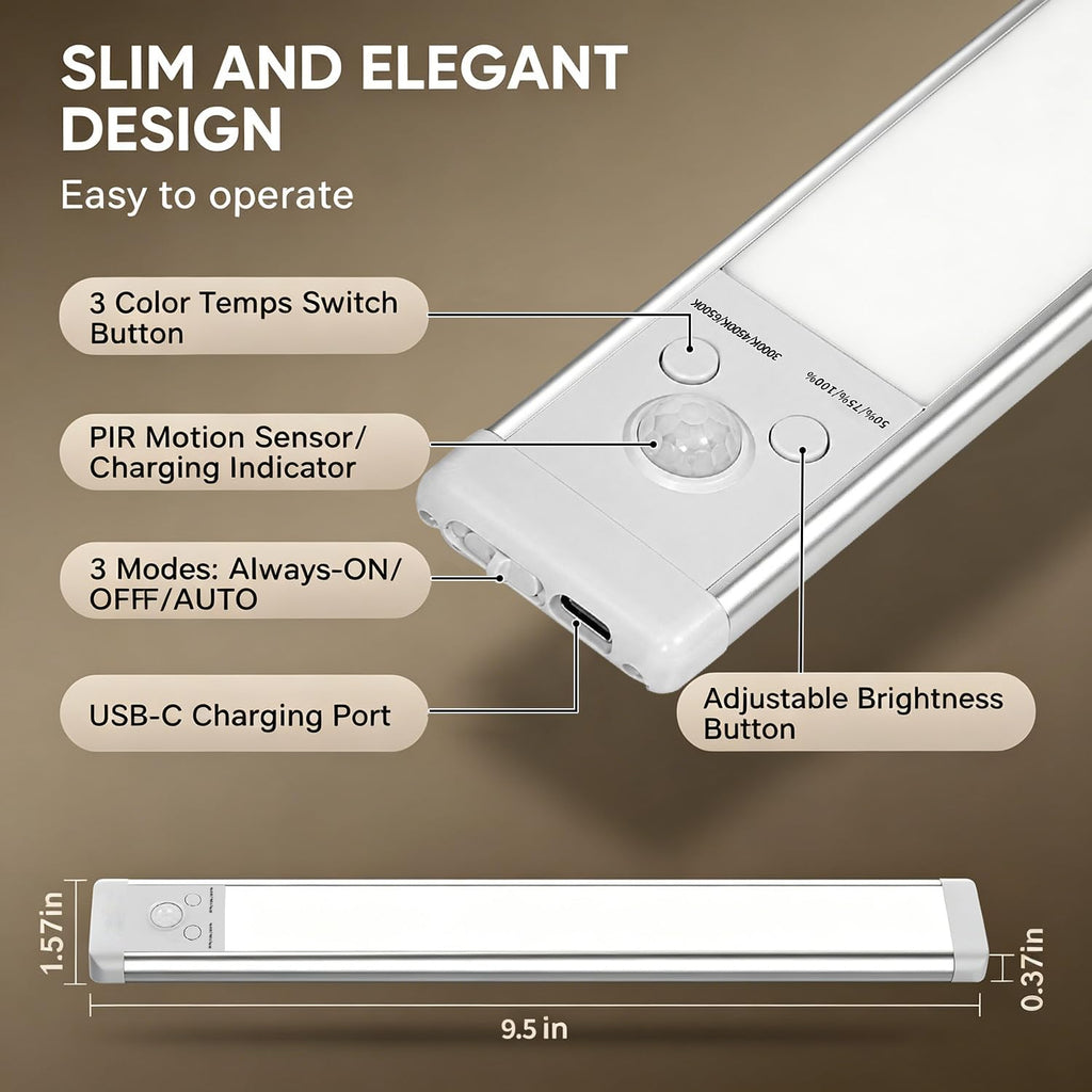 6Pack Under Cabinet Lights Rechargeable Under Cabinet Lighting Wireless Motion Sensor Led Lights Indoor with 3 Color