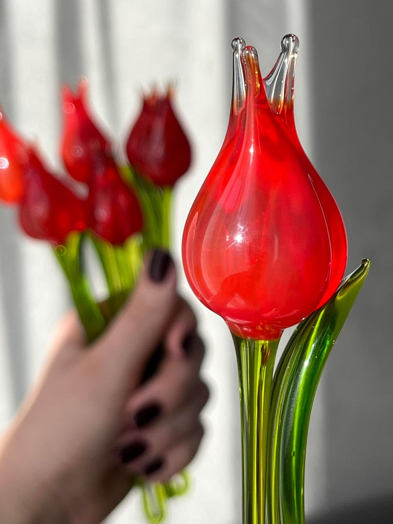 7" Red Glass Tulip Figurine - Hand-Blown Murano-Style Flower - Art Glass Tulip Ornament for Vase or Planter - Gift