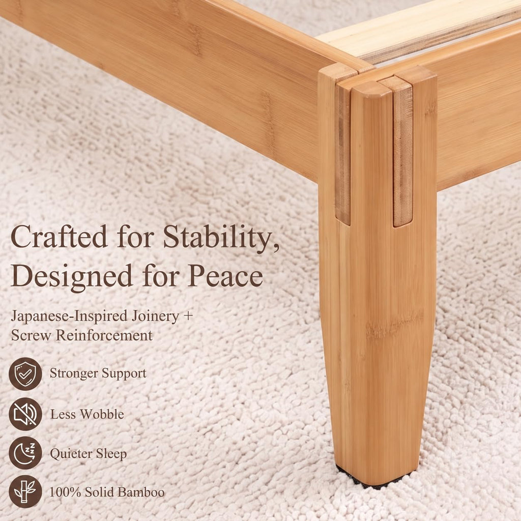 Japanese Joinery Solid Wood Queen Bed Frame, Bamboo Platform Bed, Natural