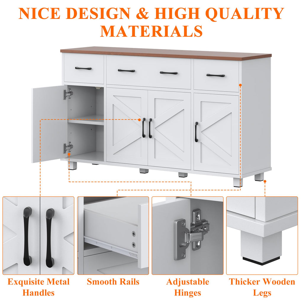 55" Sideboard Buffet Cabinet with Storage, Coffee Bar Cabinet with 3 Drawers and 4 Barn Doors, Long Storage Cabinet