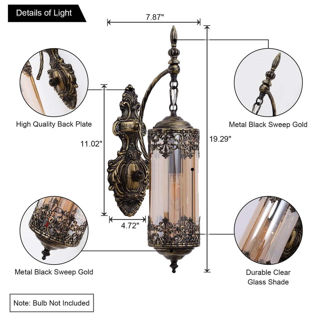 Antique Gothic Amber Glass Wall Sconce, 2-Pack
