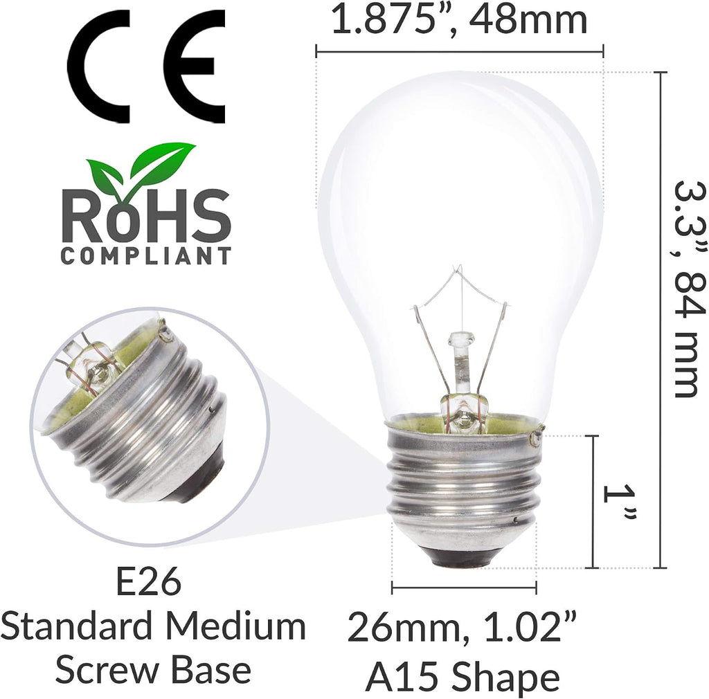 Incandescent Appliance Light Bulb A15 40W E26 2700K, 6 Pack