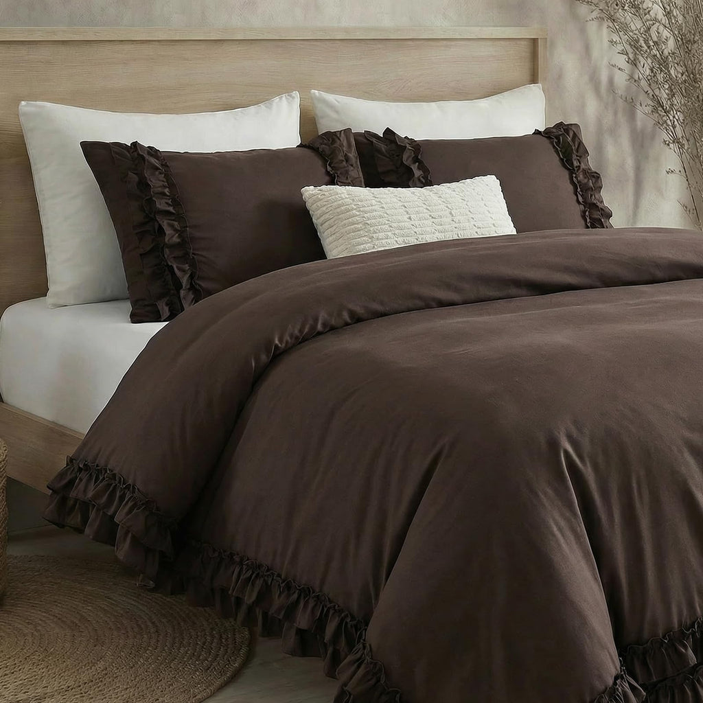 Dark Brown Duvet Cover Set Elegant Ruffled Bedding King Shabby Chic Lace Ruffle Boho Bedroom Decor Vintage Boho Style