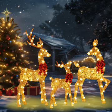 48 Inch 2.5D Gold Lighted Christmas Deer Decorations 3-Piece Outdoor Holiday Decorations Reindeer Set with 145 Warm