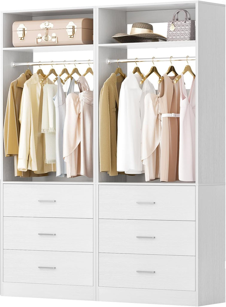 4FT Closet Systems with 6 Wood Drawers, Closet System Set of 2 | 48" Closet Organizer System with 2 Hanging Rods & 2