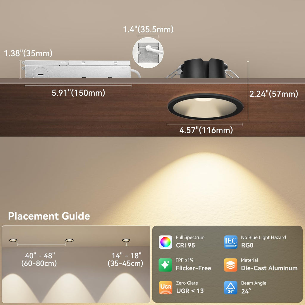 Black 4 Inch Anti-Glare Recessed Lights COB Spotlight, 6-Pack