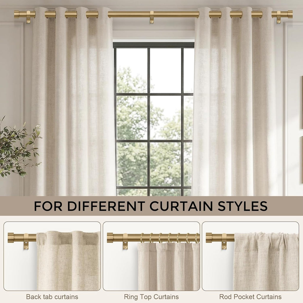 Warm Gold Curtain Rod 48 to 84 Inch, Heavy Duty Brass Curtain Rods for Window, 1" Diameter Adjustable Window