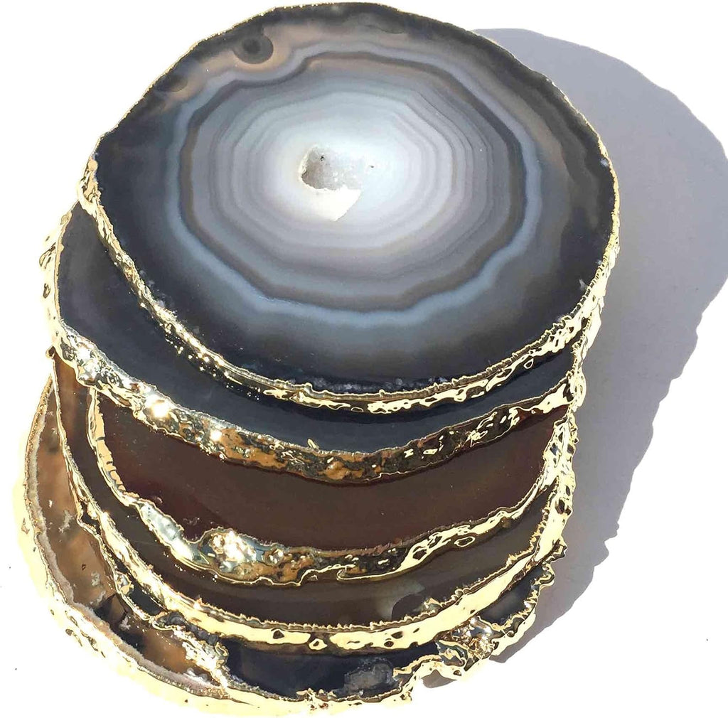 Golden Plated Natural Agate Coasters, Set, 3-4", with Rubber Bumper - Set of 6