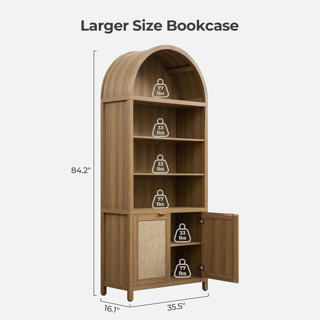 84.2" Tall Arched Bookcase with Doors - 5 Tier Rattan Bookshelf