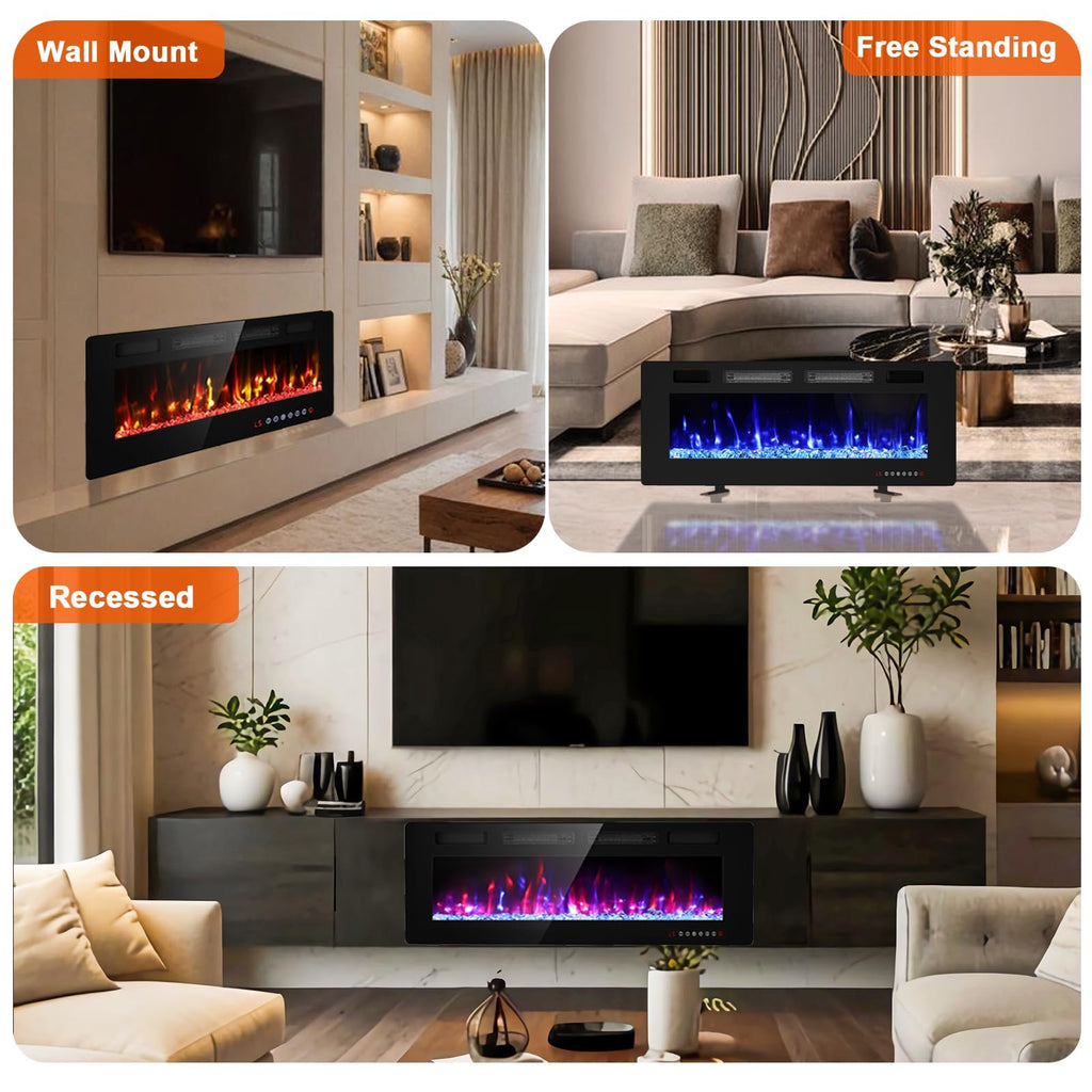 50" Electric Fireplace Recessed Wall Mounted, Ultra Thin Linear Fireplace Inserts, 12 Flame Colors, Timer, Remote &