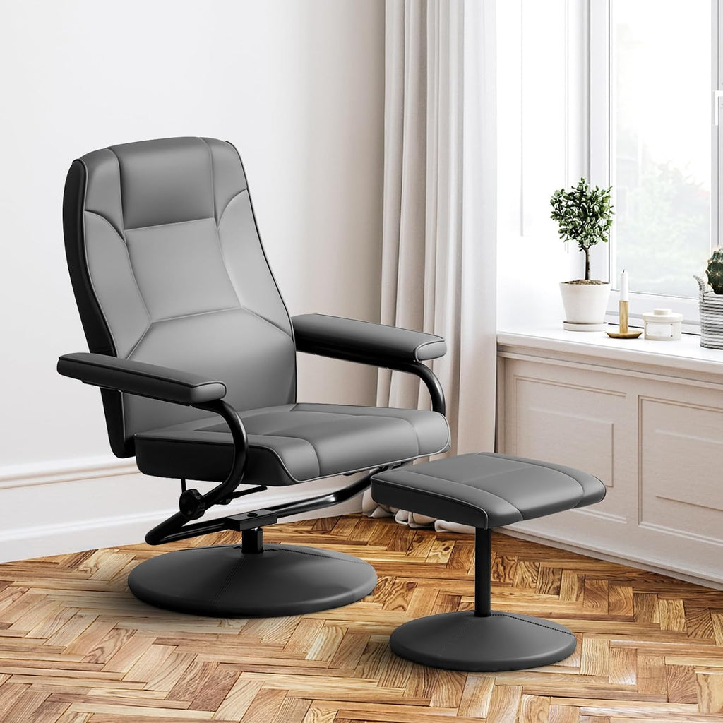 Modern Reclining Swivel Lounge Chair and Ottoman — Black Faux Leather