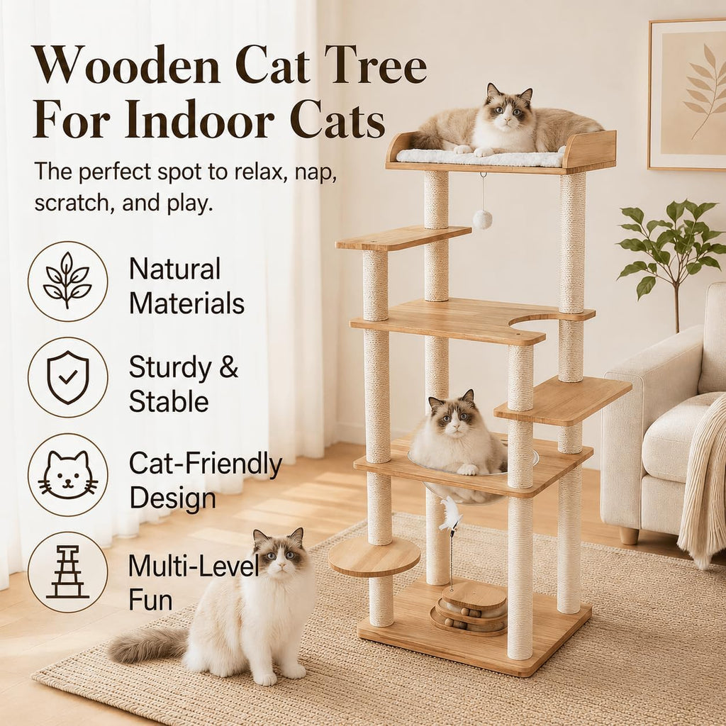 56in Wooden Cat Tree for Large Cats, Tall Sturdy Cat Tower