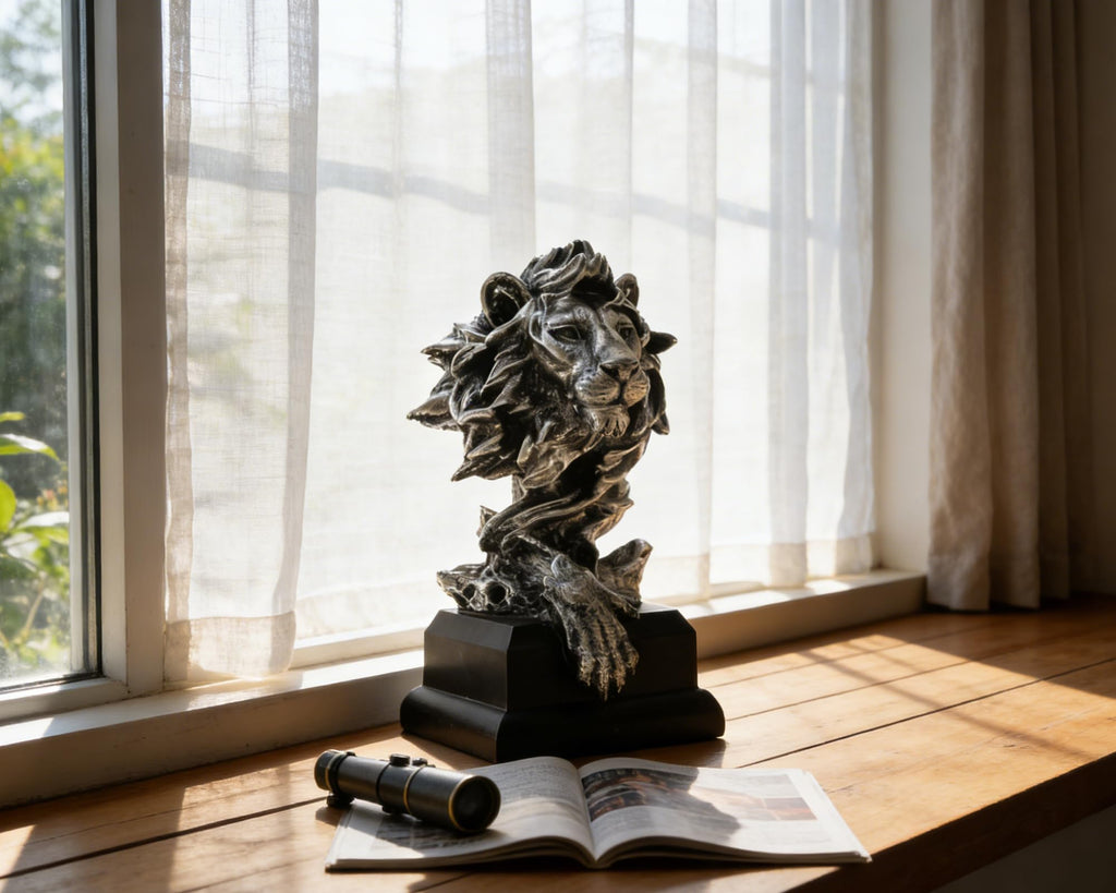 Lion Bust Sculpture with Matte Black Base 9 inch Metallic Silver, Abstract Design for Shelf Desk Office Decor, Gift