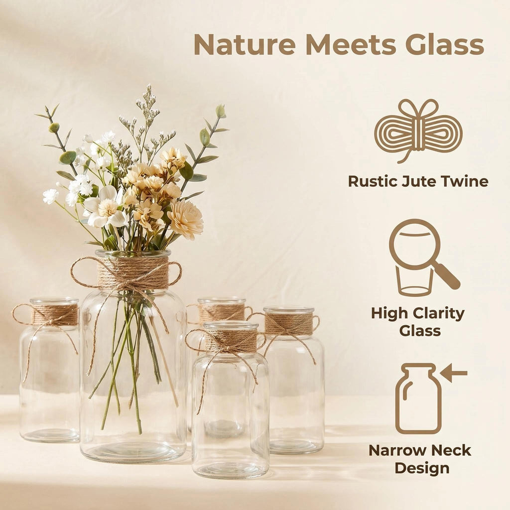 Clear Glass Vase Set, Hemp Rope Bowknot Decoration, Rustic Rustic Style Table Top for Wedding Flower Arrangement, Set