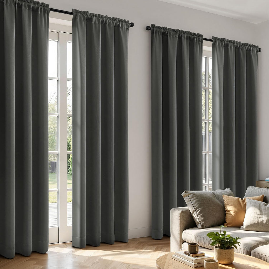 Blackout Curtains 4 Panels Sets Dark Grey 84 Inch Length, Top and Bottom Rod Pocket Room Darkening Curtains for